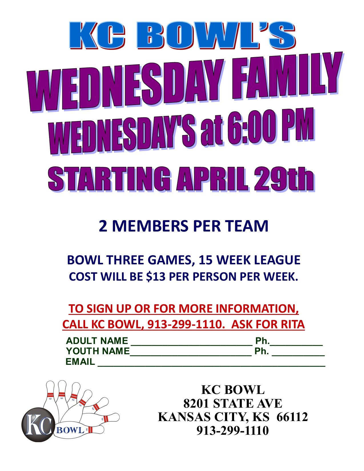 Wednesday family league: Wednesday's at 6:00PM